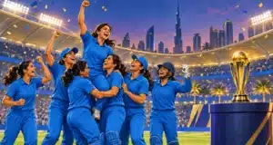 भारत आठवीं बार महिला एशिया कप चैंपियन, खेल के मंच पर भी भारत–पाकिस्तान तनाव; पाक गृह मंत्री नकवी से ट्रॉफी लेने से इनकार महिला एशिया कप 2026 जीतने वाली भारतीय महिला क्रिकेट टीम और ट्रॉफी विवाद का प्रतीकात्मक चित्र