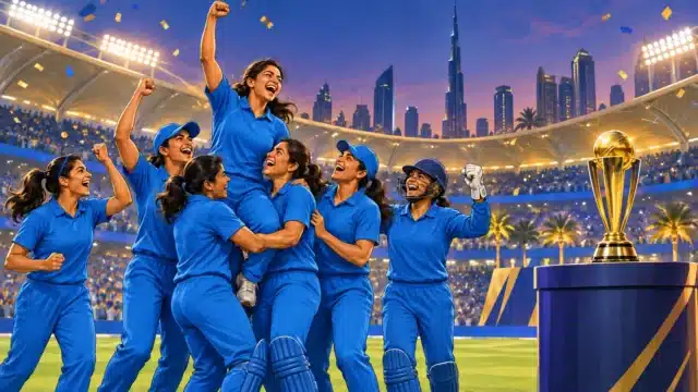 महिला एशिया कप 2026 जीतने वाली भारतीय महिला क्रिकेट टीम और ट्रॉफी विवाद का प्रतीकात्मक चित्र